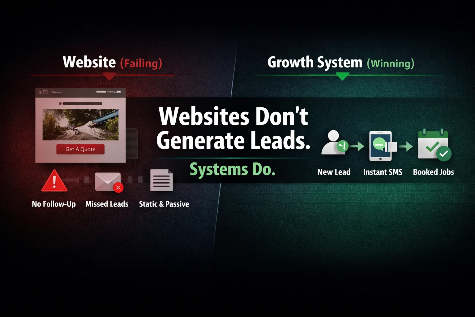 Local service website vs growth system illustration showing why websites alone don’t generate leads
